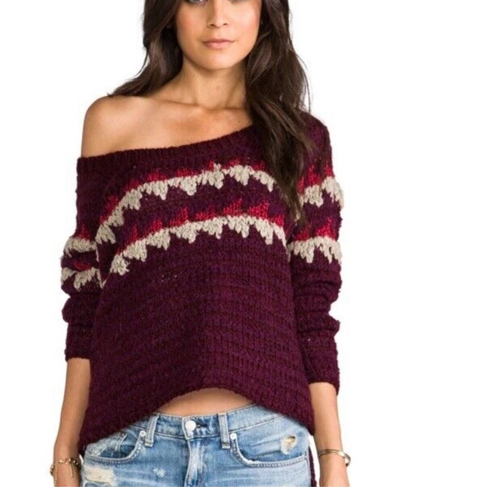 Free People Fuzzy Fairisle Burgundy Sweater